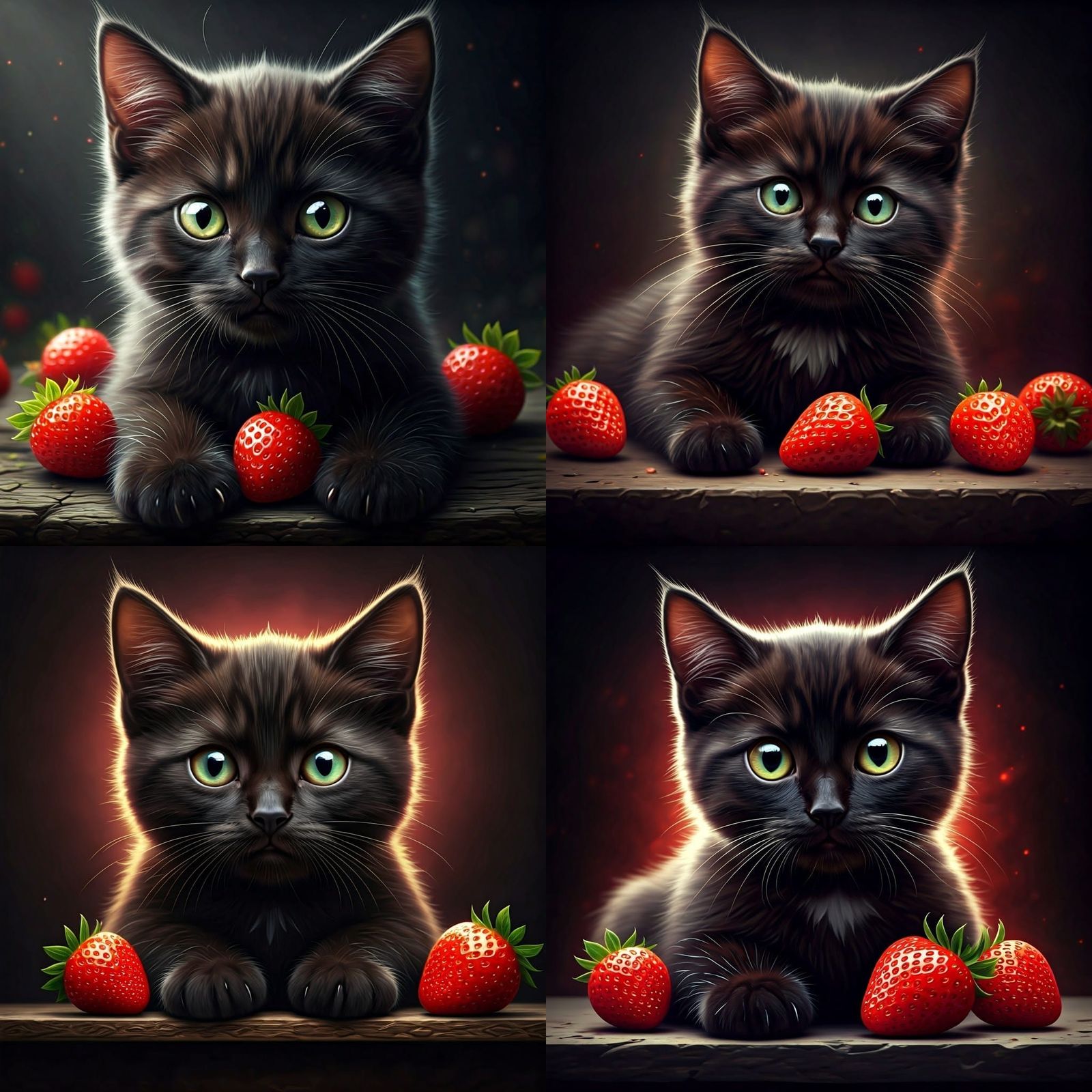 Whimsical Black Kitten Surrounded by Luscious Strawberries i...