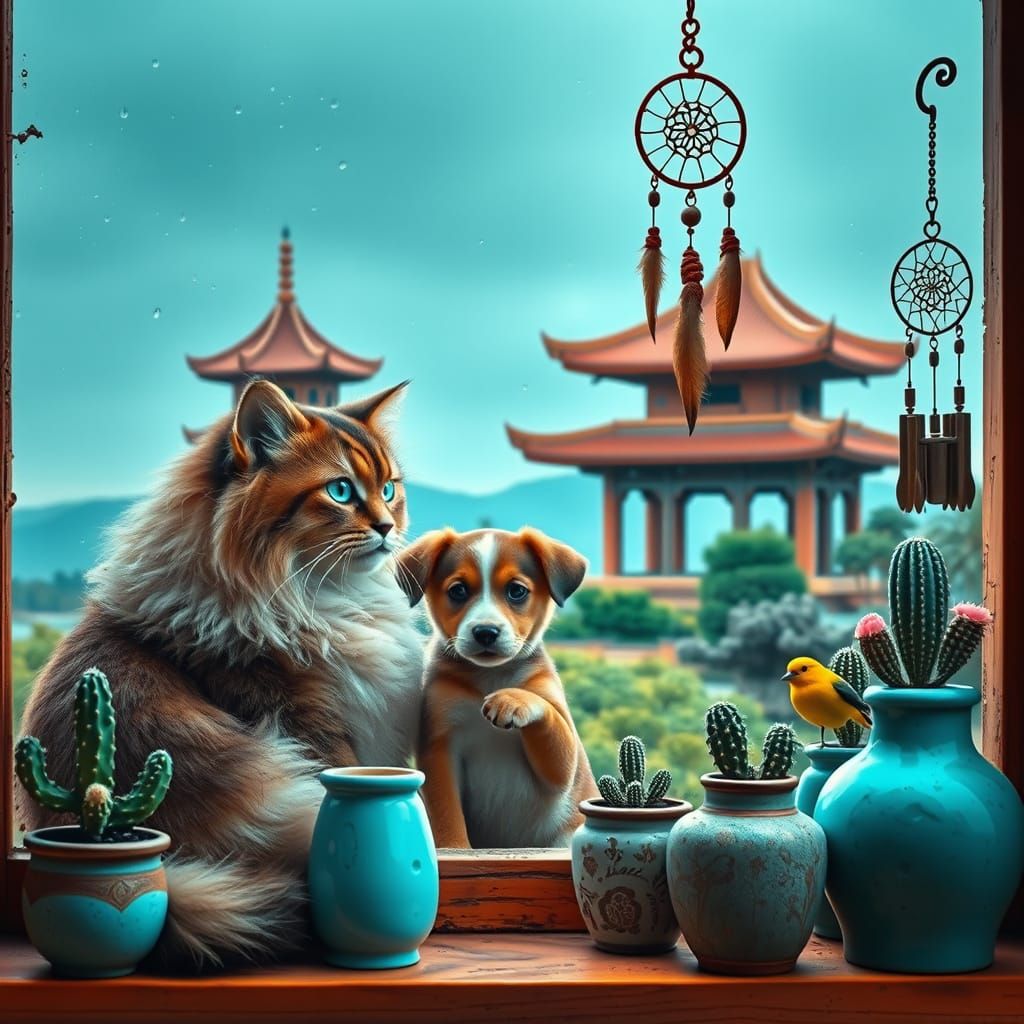 Cat and Puppy Dreamy Rainy Day Scene