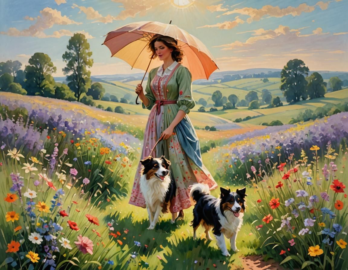 Impressionist Lady with Dog in Wildflower Field