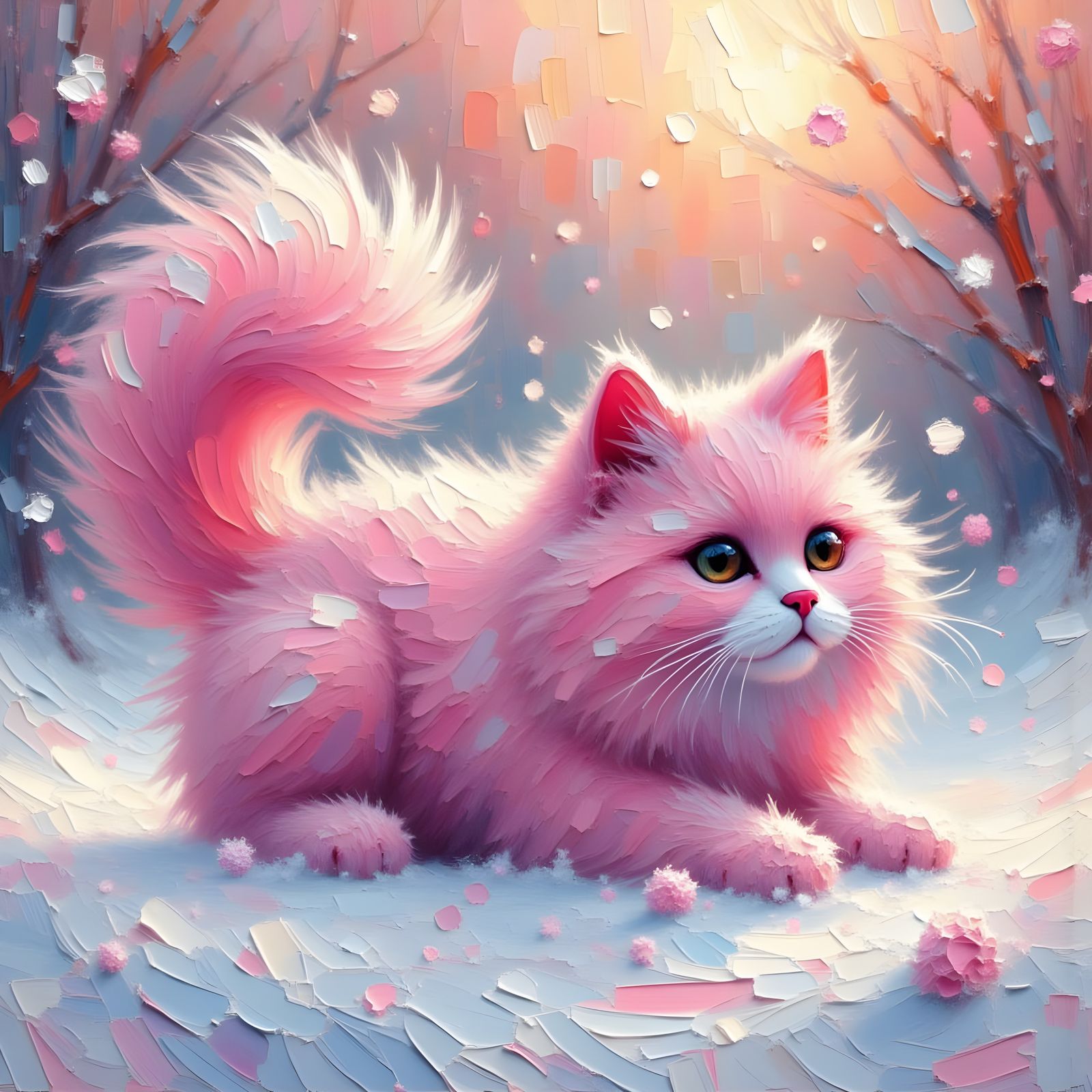 Fluffy Pink Cat Playing in Snowy Sunset
