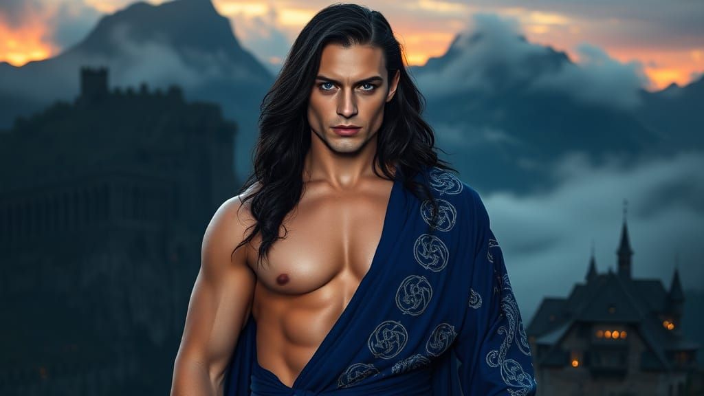 Sapphire Vampire Goddess Dominates Sunset Mountain Landscape