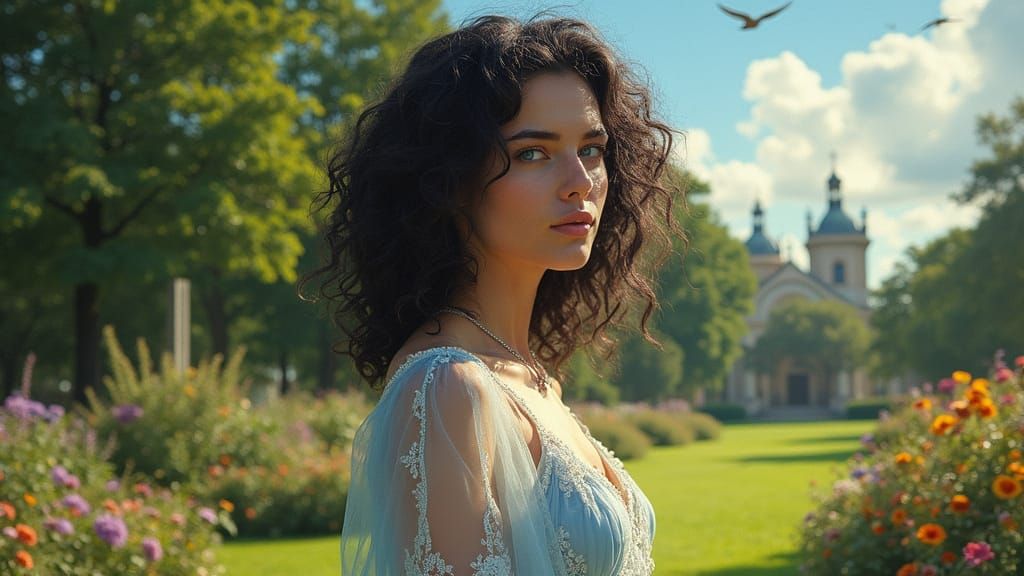 Serene Woman in Golden Light, Elegant Renaissance Garden Sce...