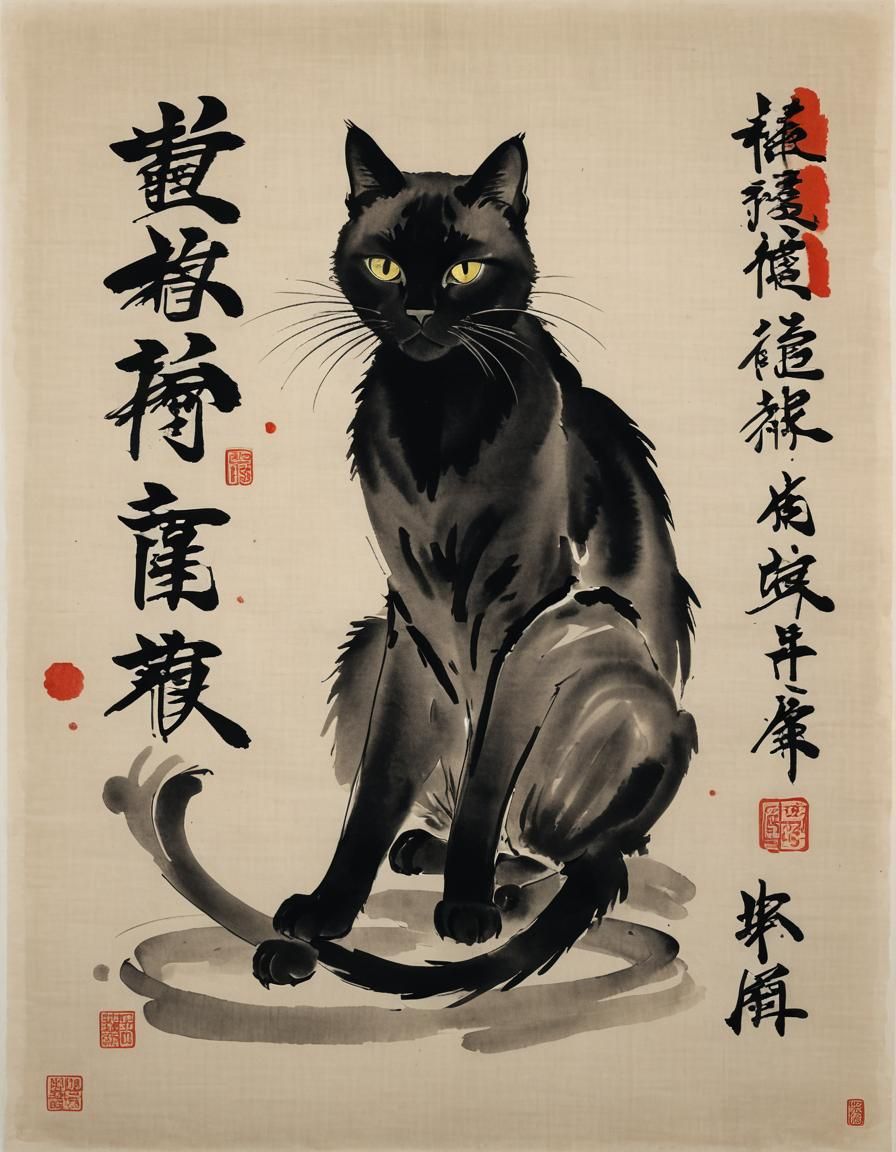 black cat in ink / Qi Baishi style