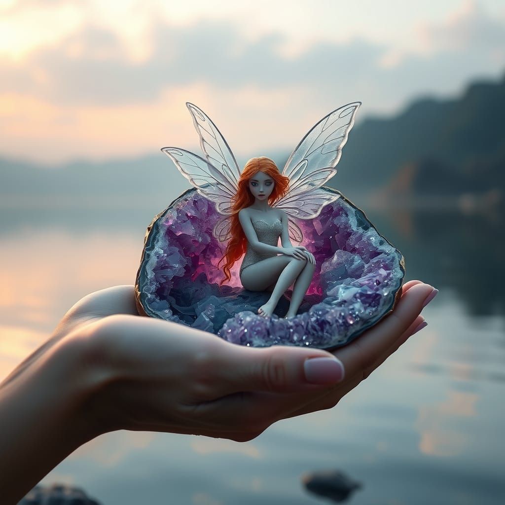 a hyper-realistic image showing a close-up of a hand grasping a large amethyst geode fairy detailed intricately. Visible...