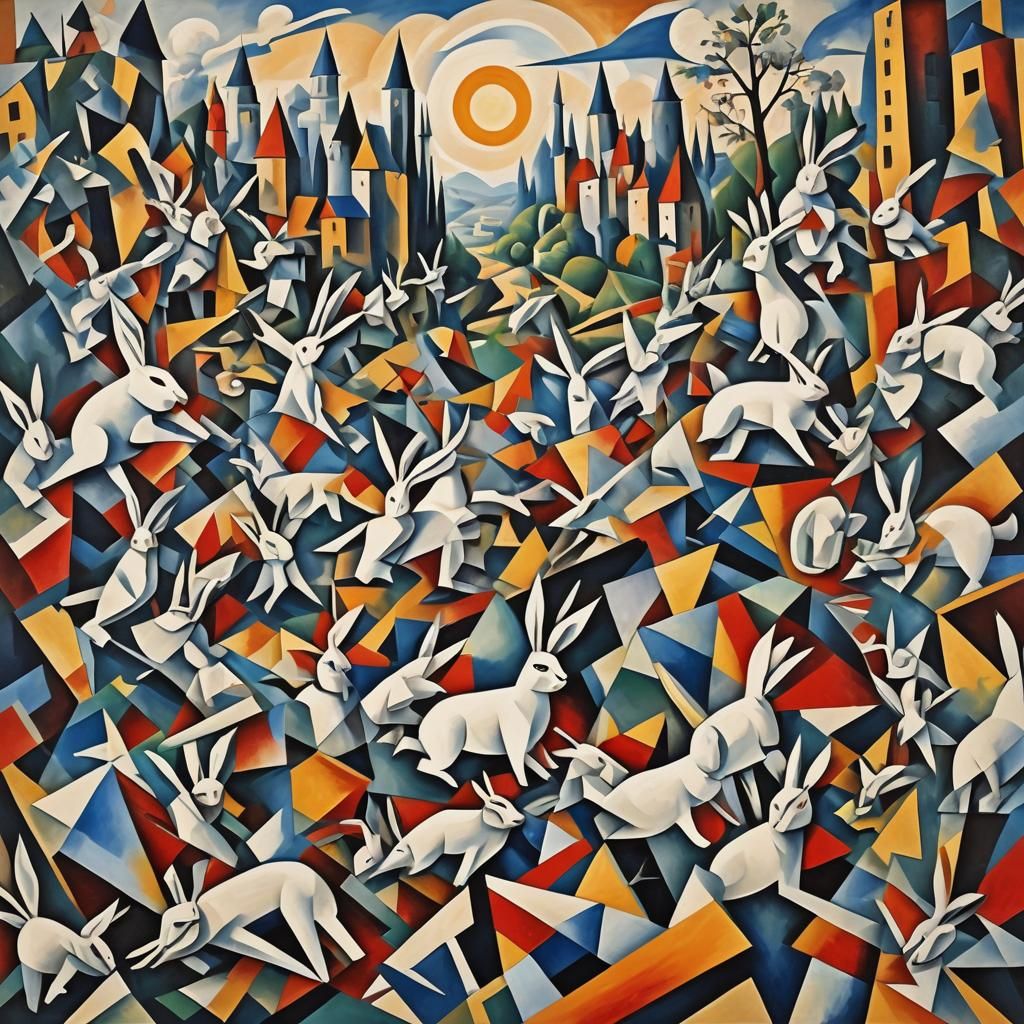 Cubist Rabbits Bouncing in Geometric Landscape