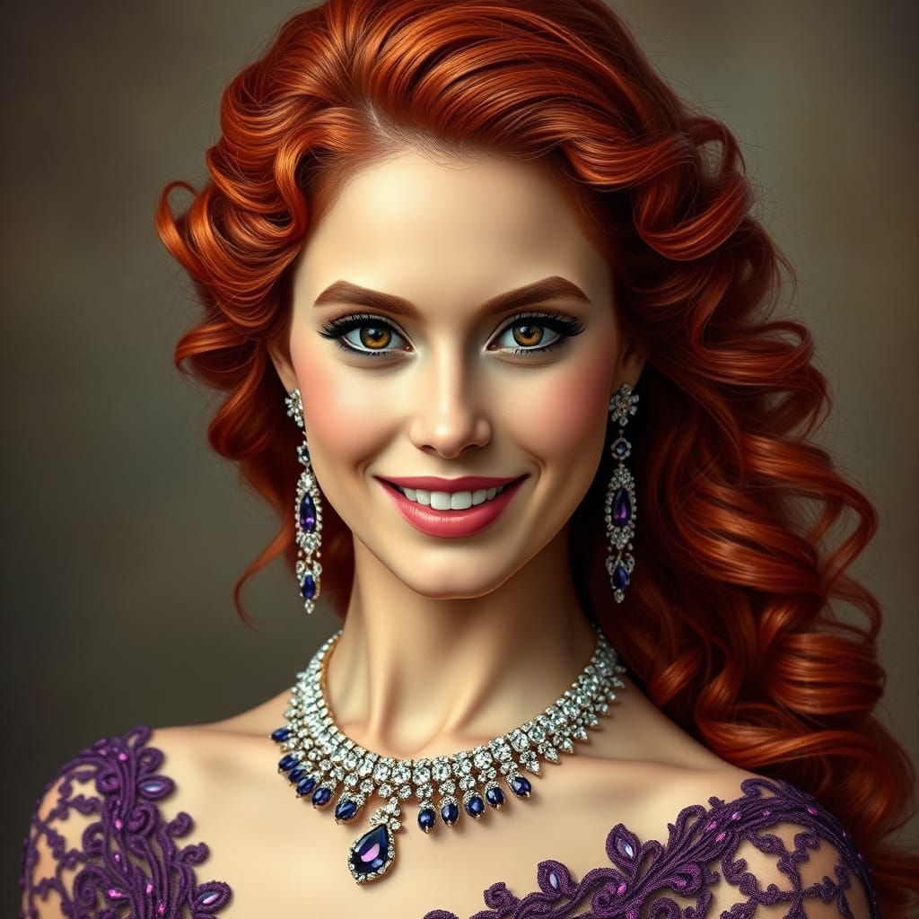 Elegant Redhead in Jewel-Toned Gown, Exquisite Photorealisti...