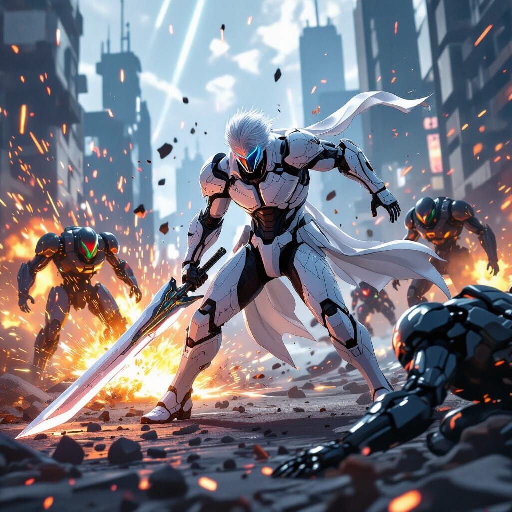 Raiden Cleaves Cyborgs in Futuristic Cityscape