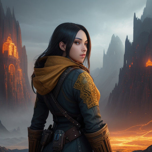 Fantasy Graphic Designer in Golden Hour with Distant Landsca...