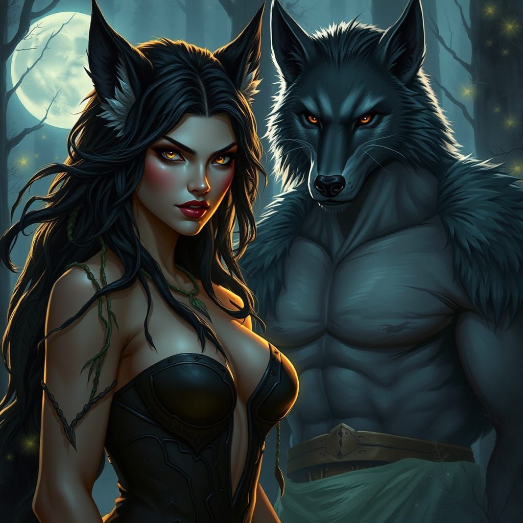 Wolf-Like Woman in Bioluminescent Forest, in Dark Fantasy St...