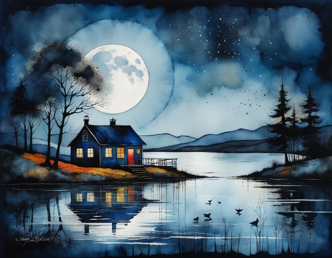 Moonrise Over Quirky Lake House: Wet Ink Illustration