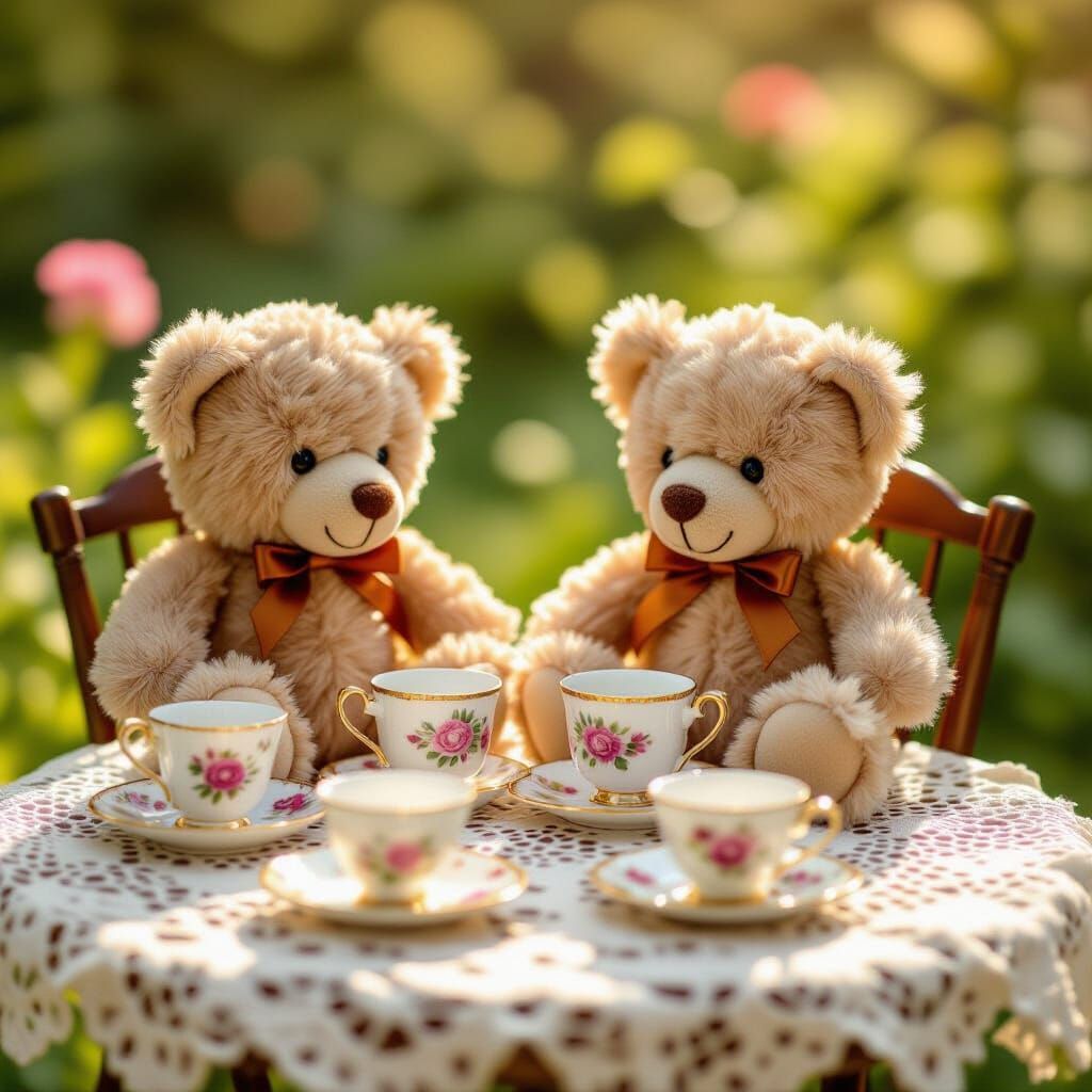 Teddy Bear Tea Party in a Sunlit Garden