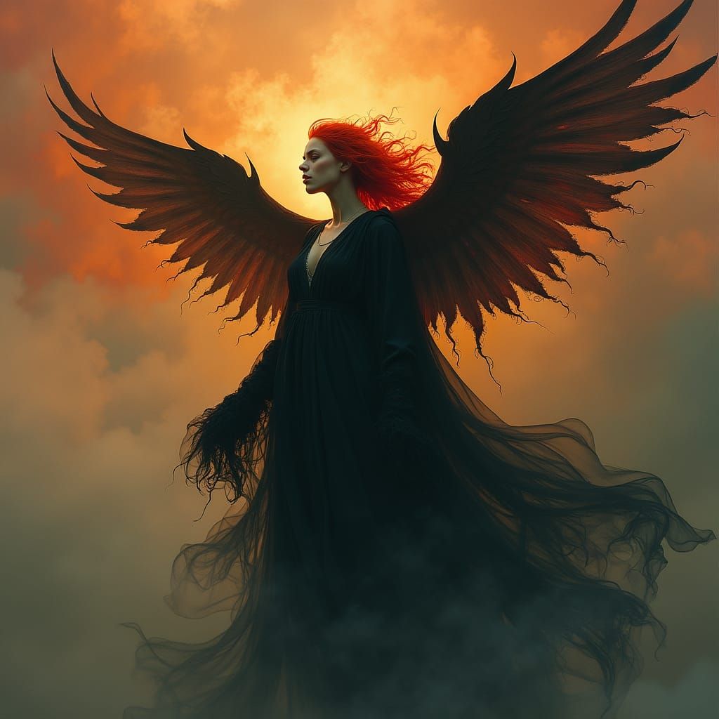 Fiery Haired Woman Rising From Shadows in Mystical Style