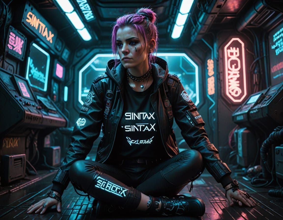 Cyberpunk Space Ship Protagonist in Neon Tattoos
