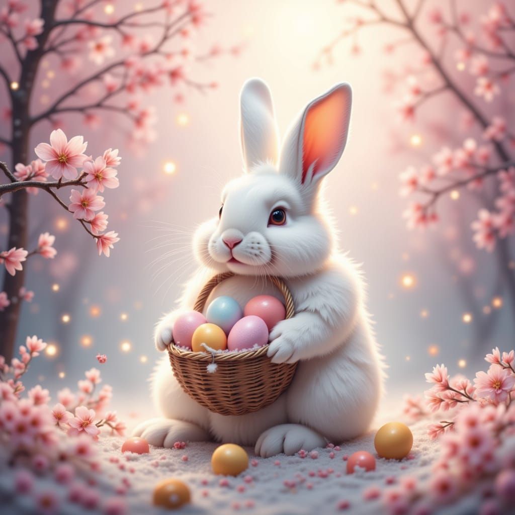 In a dreamy spring wonderland, a fluffy white bunny cradles a glowing Easter basket filled with colorful eggs. Delicate ...