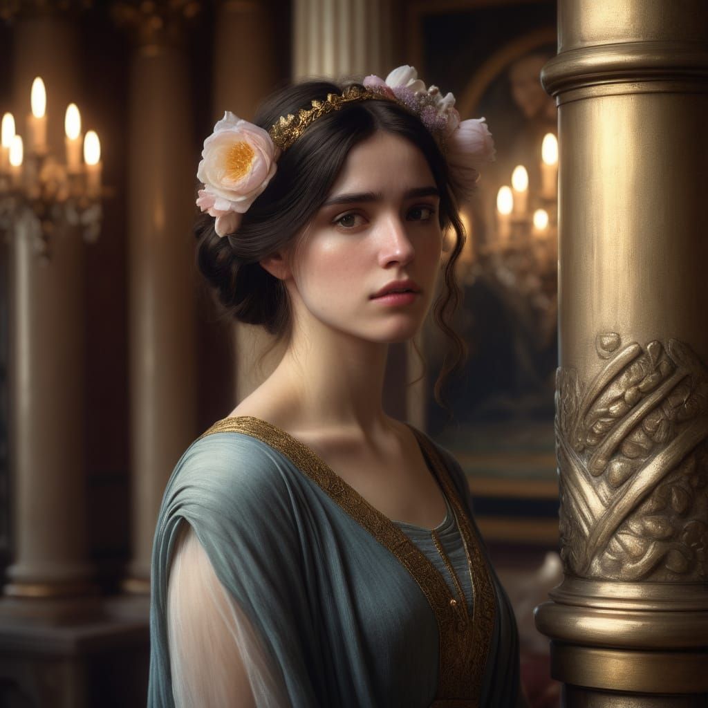 Elegant Young Woman in Classical Interior, Romantic Aestheti...