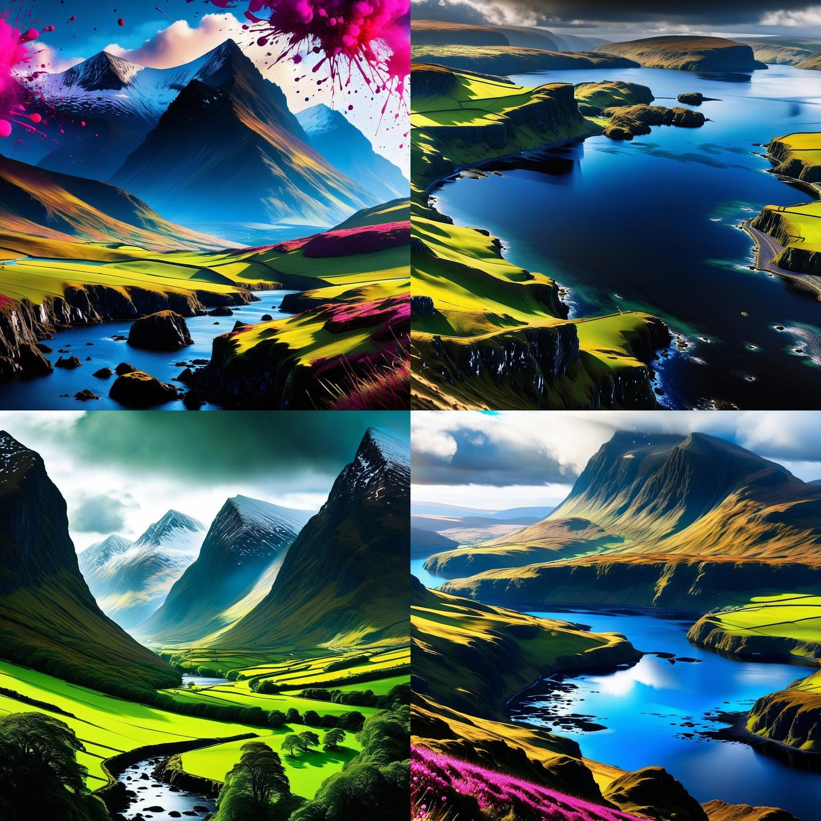 Dynamic Ink Splatter Art of Scottish Landscape