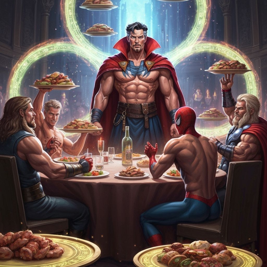 Shirtless Superheroes Host Magical Feast in Fantasy Art