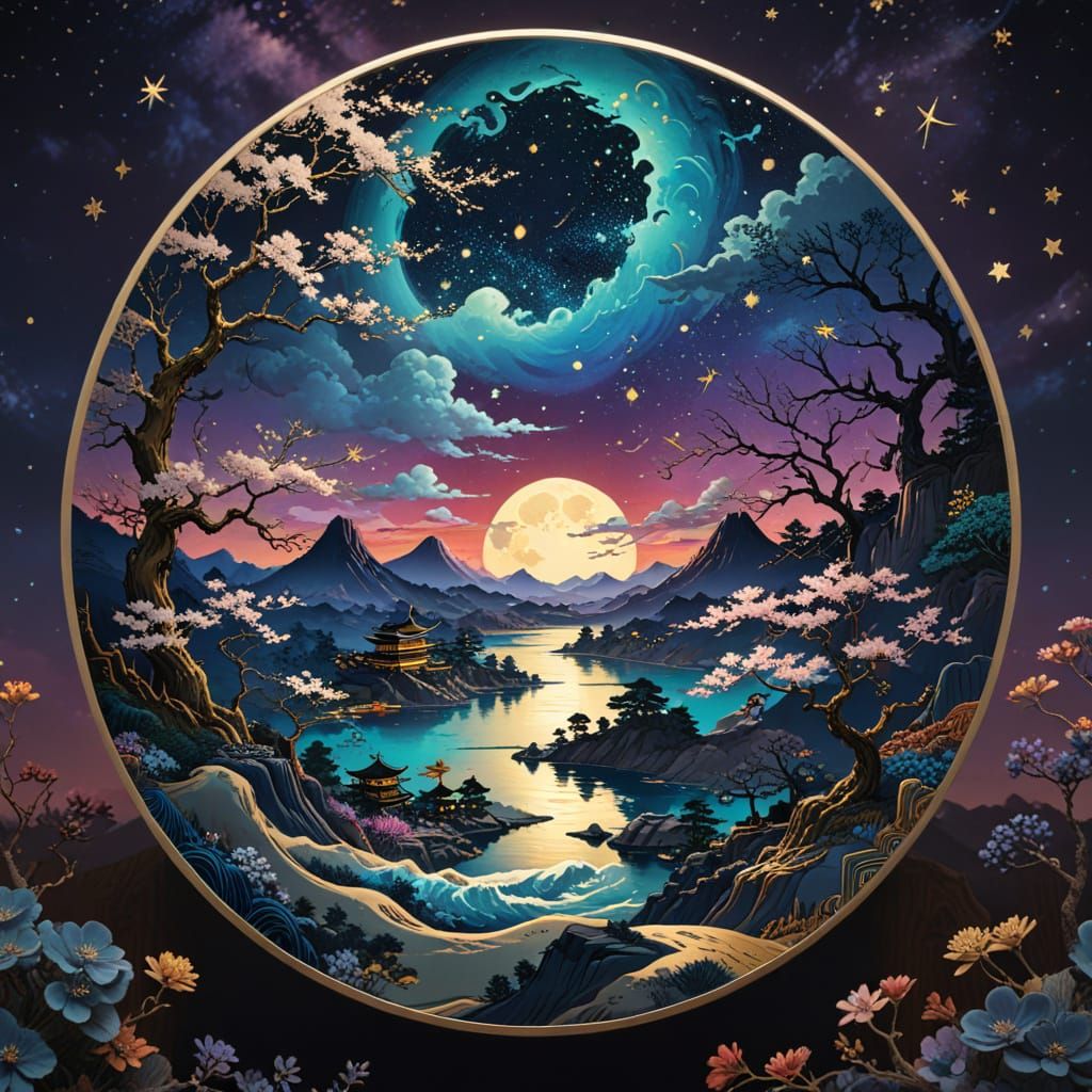 Ukiyo-e Dreamscape with Gold Outlines in Jewel Tones