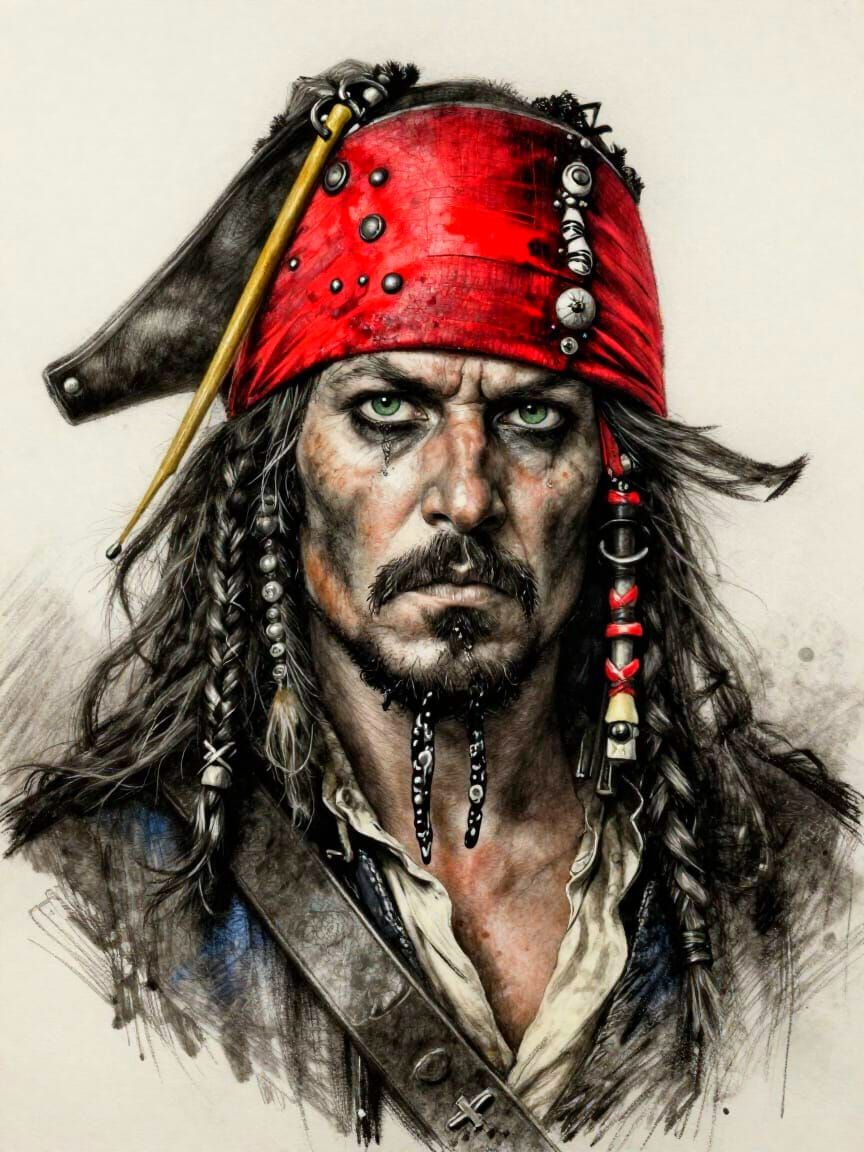 Charcoal Sketch of Intense Pirate Captain with Red Splash