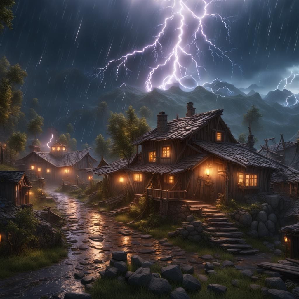 Dramatic Lightning Storm Over Mountain Village
