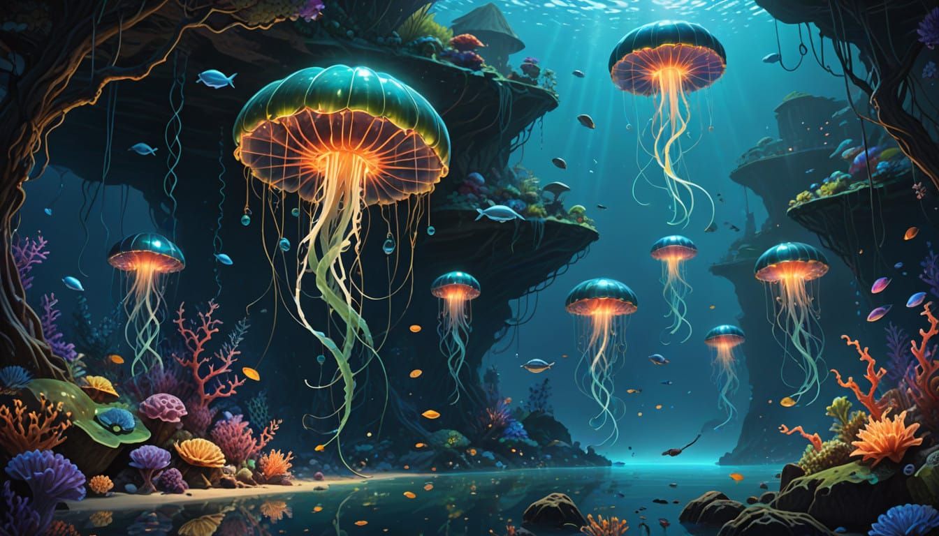 Majestic Iridescent Jellyfish Mountain in an Underwater Trea...