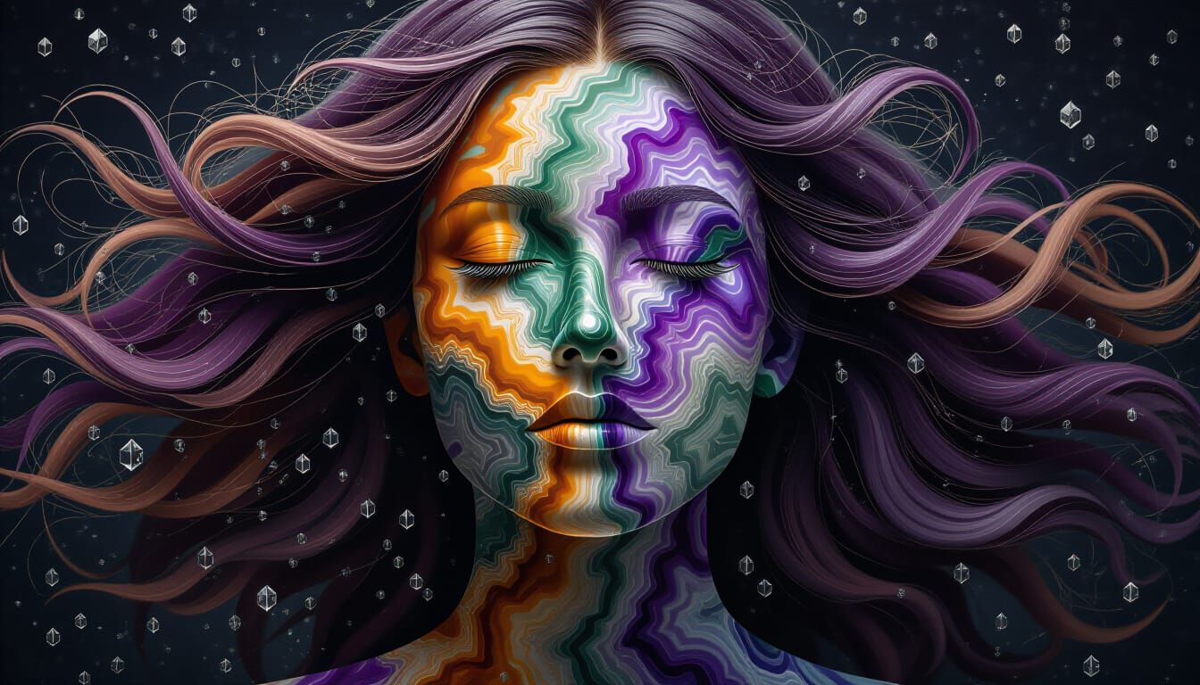 Agate Face with Flowing Hair and Hexagonal Rain