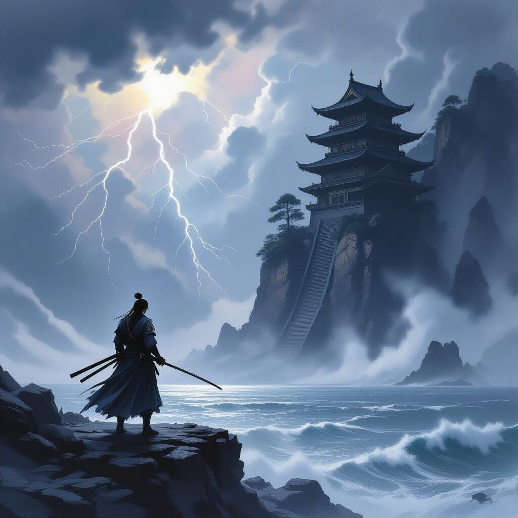 Samurai Warrior on Cliff Overlooking Stormy Sea