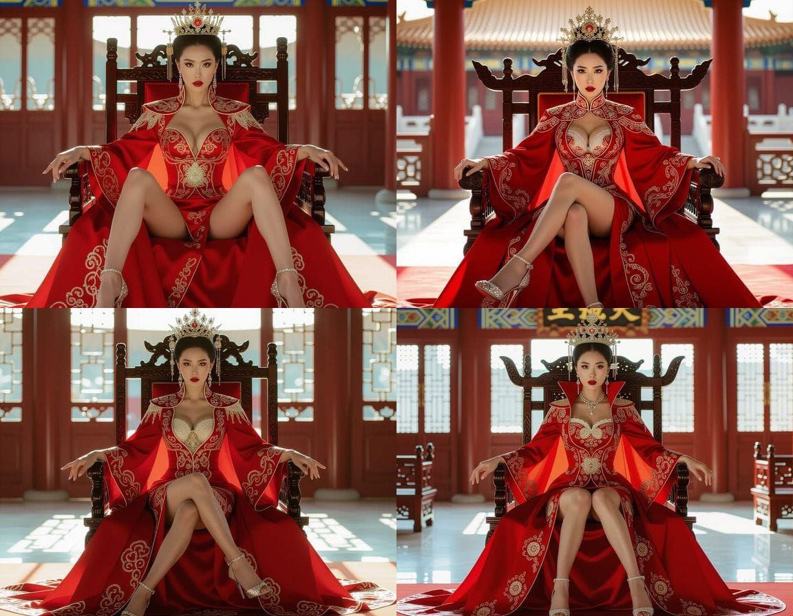 Chinese Empress on Throne in Royal Red Gown