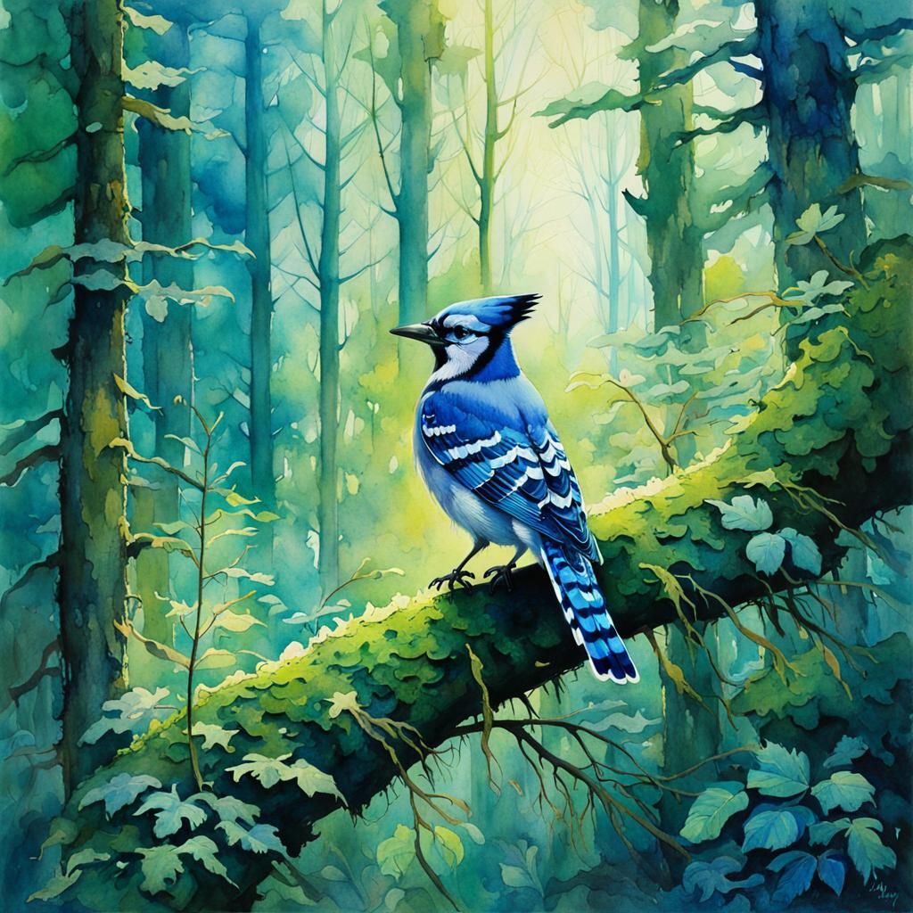 Hyperdetailed Blue Jay in Green Forest Watercolour