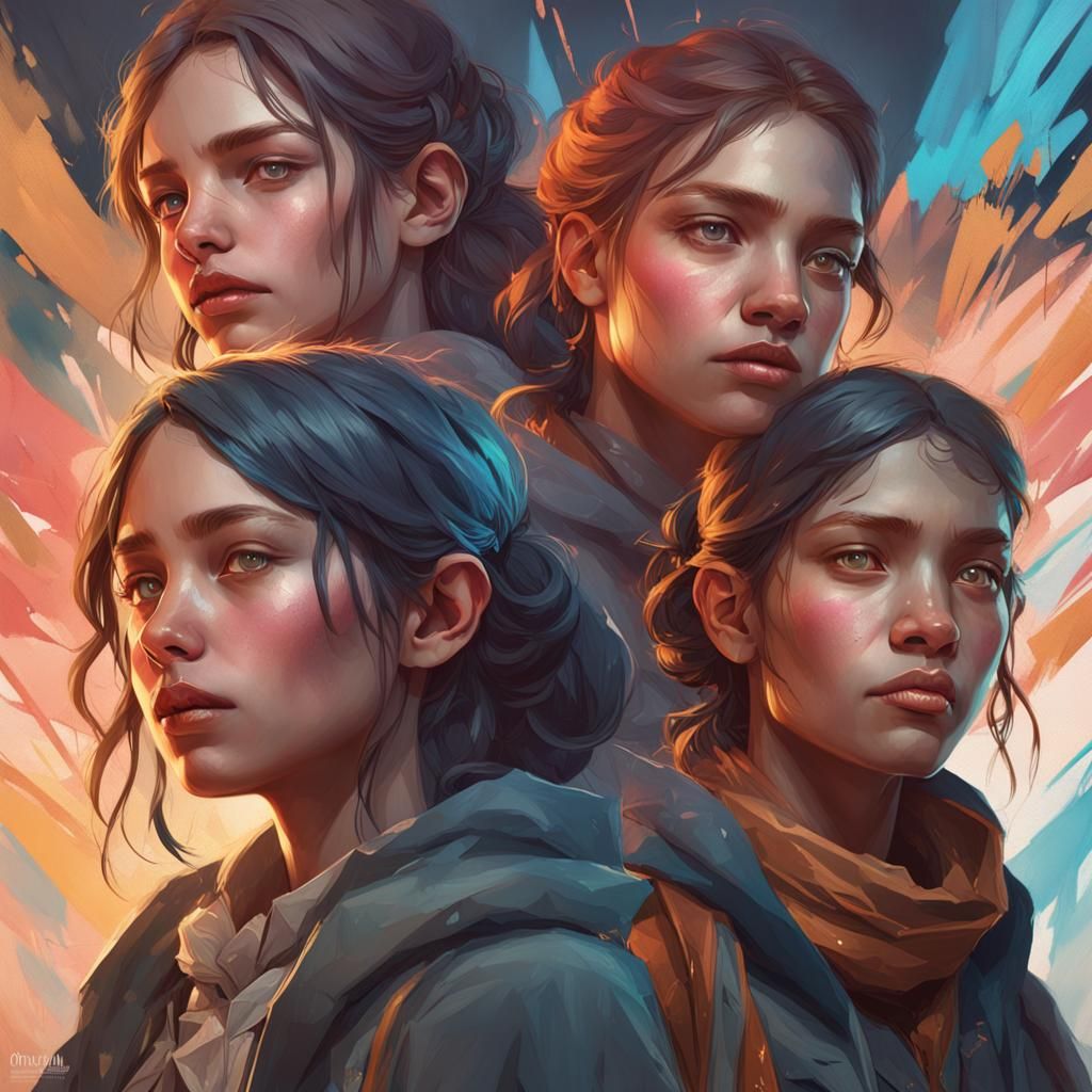 Detailed Portrait of Three Girls in Art Nouveau Style