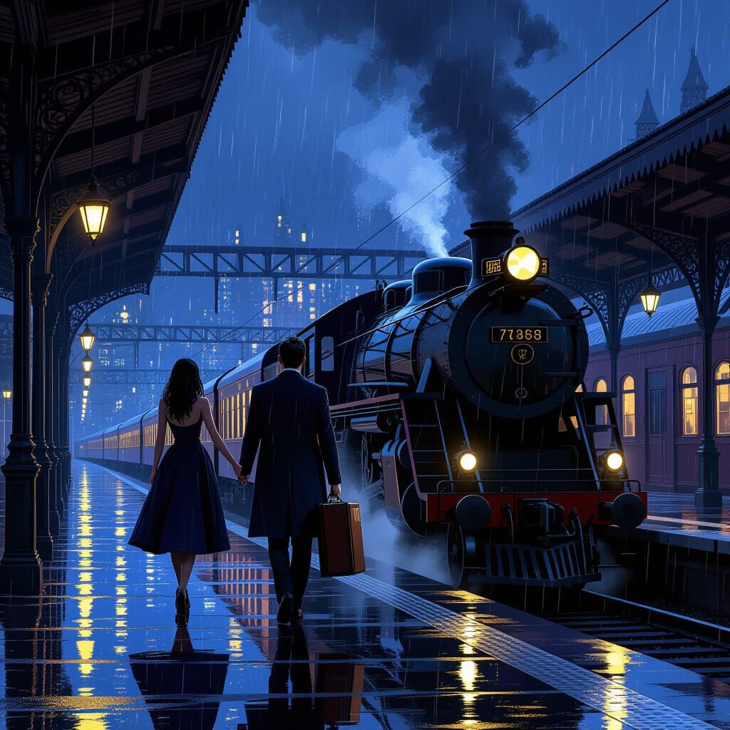 Couple Parting on Rainy Train Platform at Night
