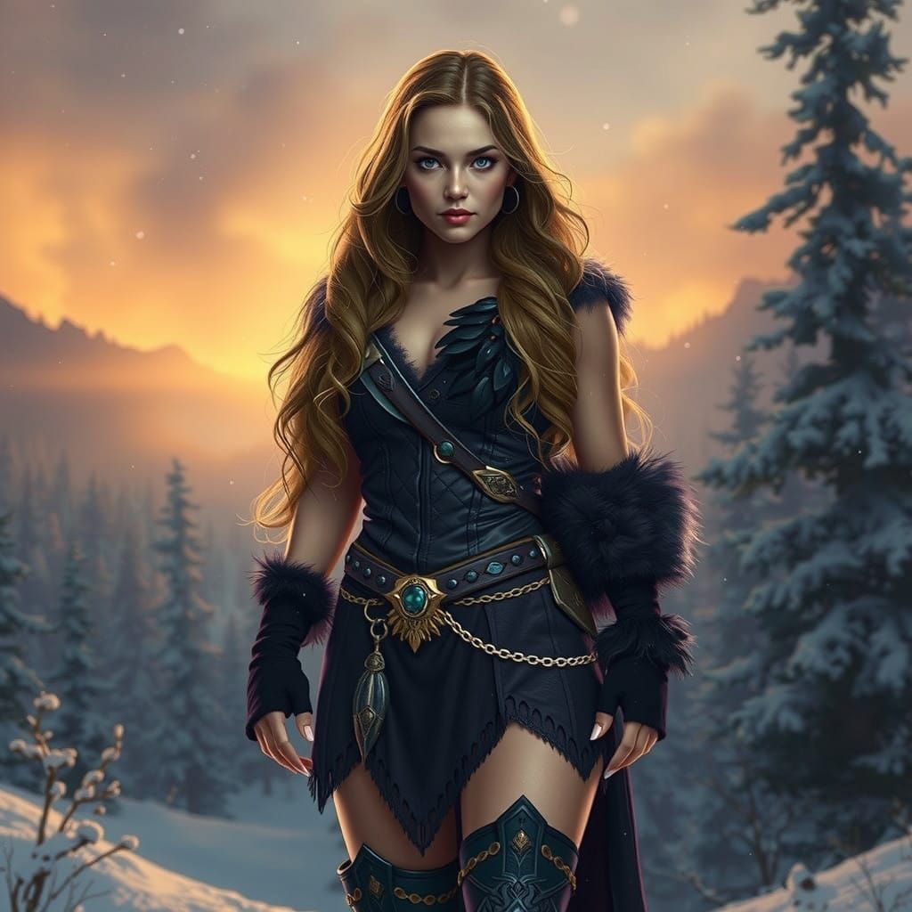 Sapphire-Eyed Amazonian Warrior Stands Majestically in Winte...