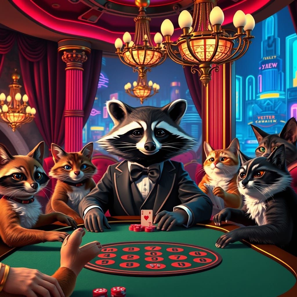Raccoon and Friends Gamble in Futuristic Casino