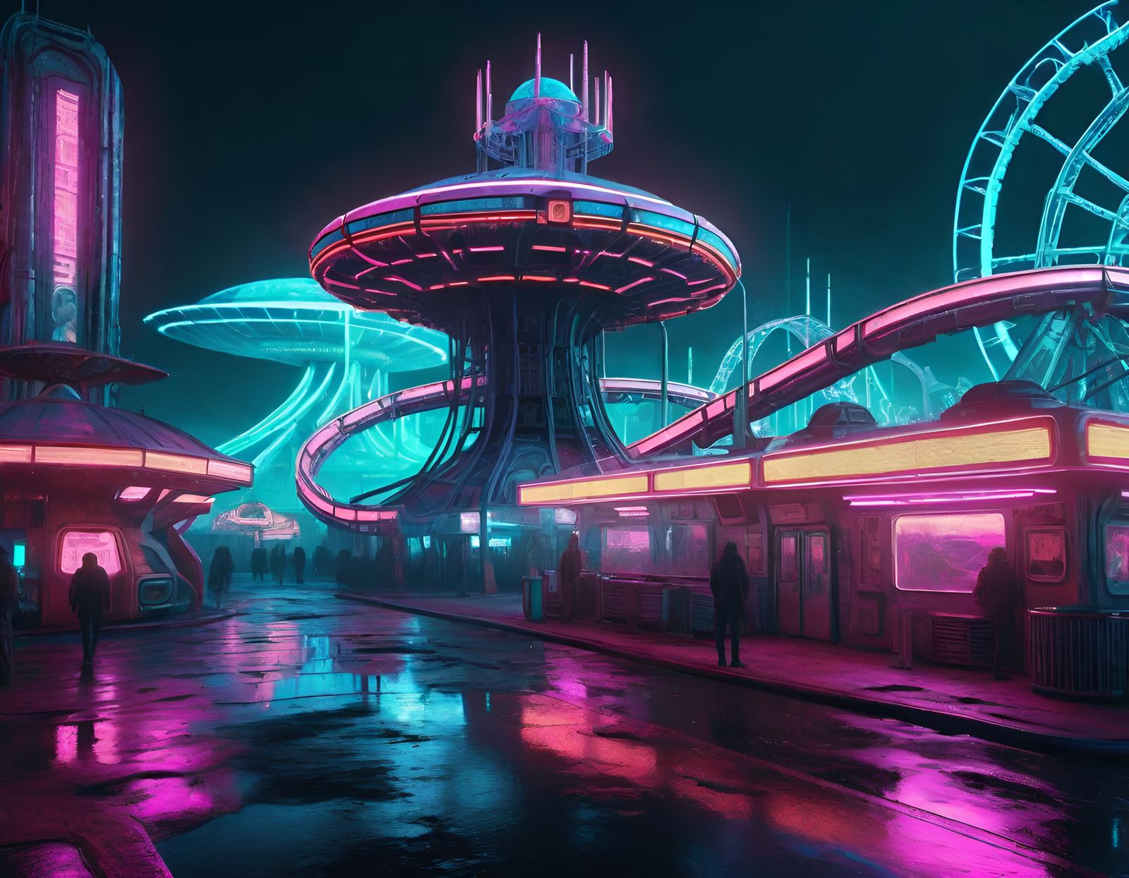 Cyberpunk Theme Park with Neon Rides in 8K