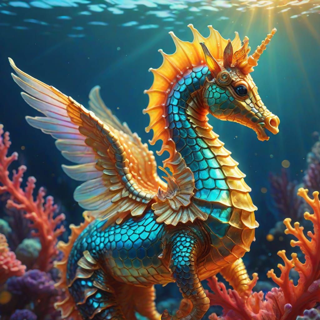 Majestic Pegasus Seahorse Hybrid in Fantasy Art