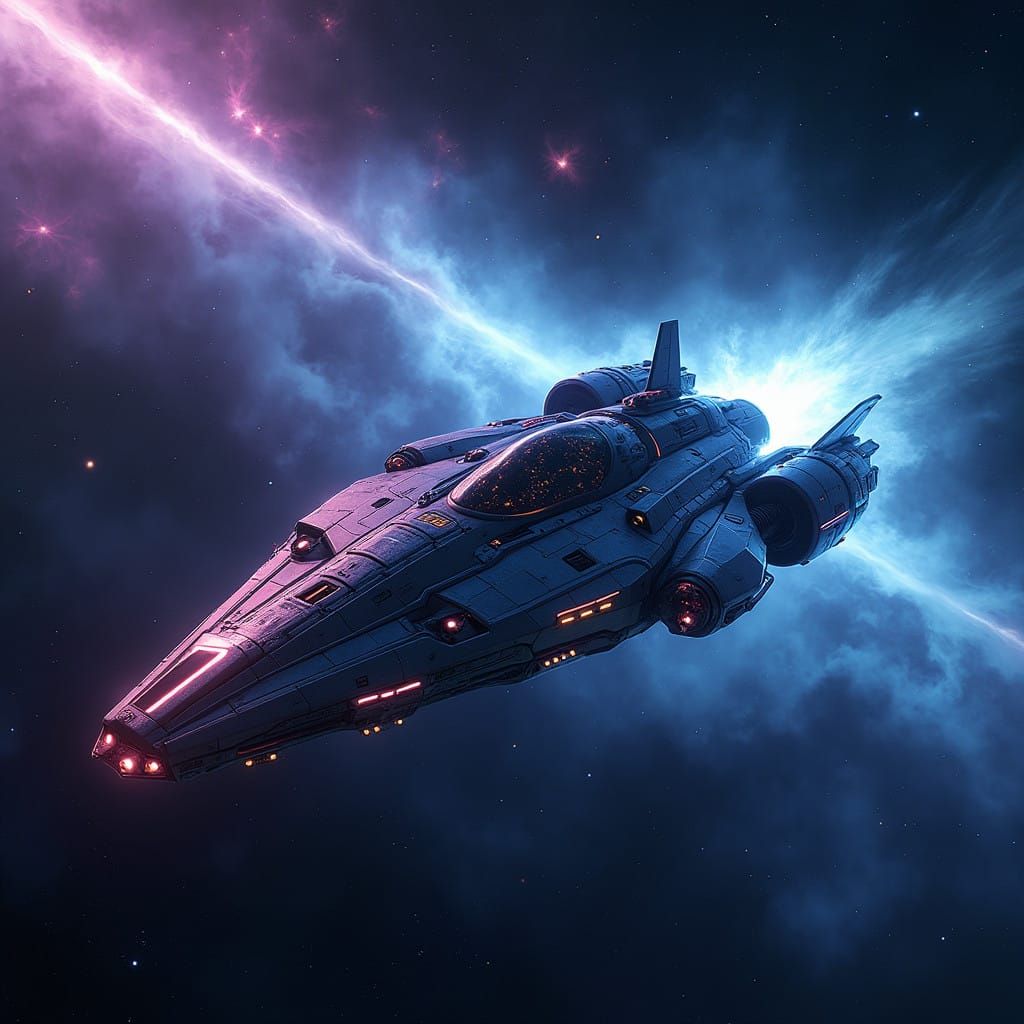 Gritty Futuristic Spacecraft Zooms Through Cosmic Space