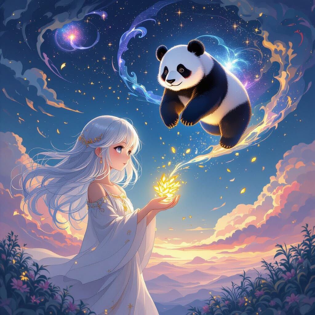 Anime Girl with Mystical Panda in Dreamlike Landscape