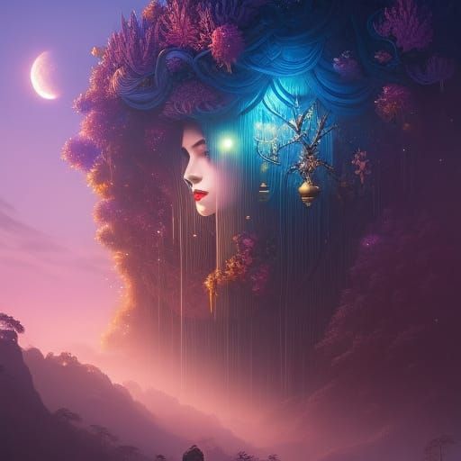 Moss-Covered Man with Birds in Hair, Fantasy Art