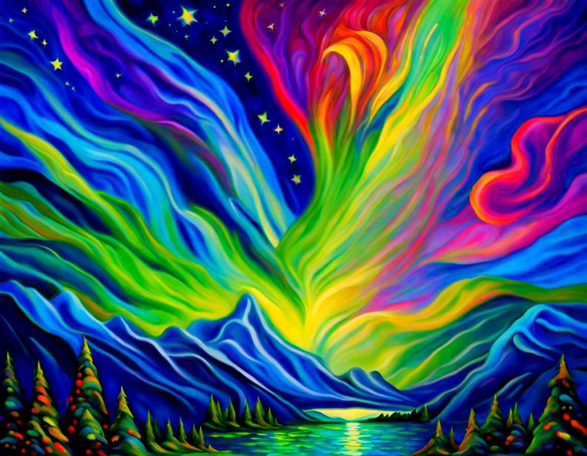 Vivid Aurora Borealis Skydancers in Impasto Style