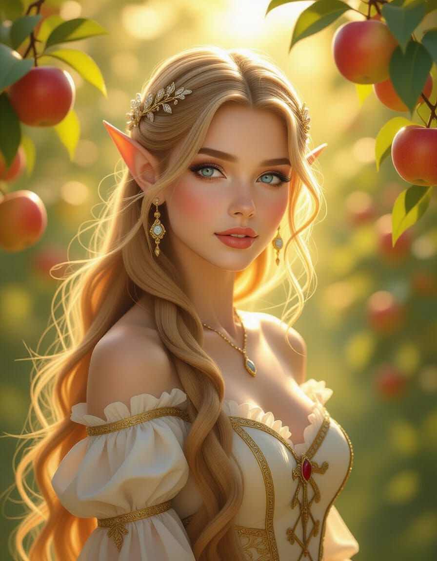 Radiant Elf Princess in Sunlit Orchard, Digital Art