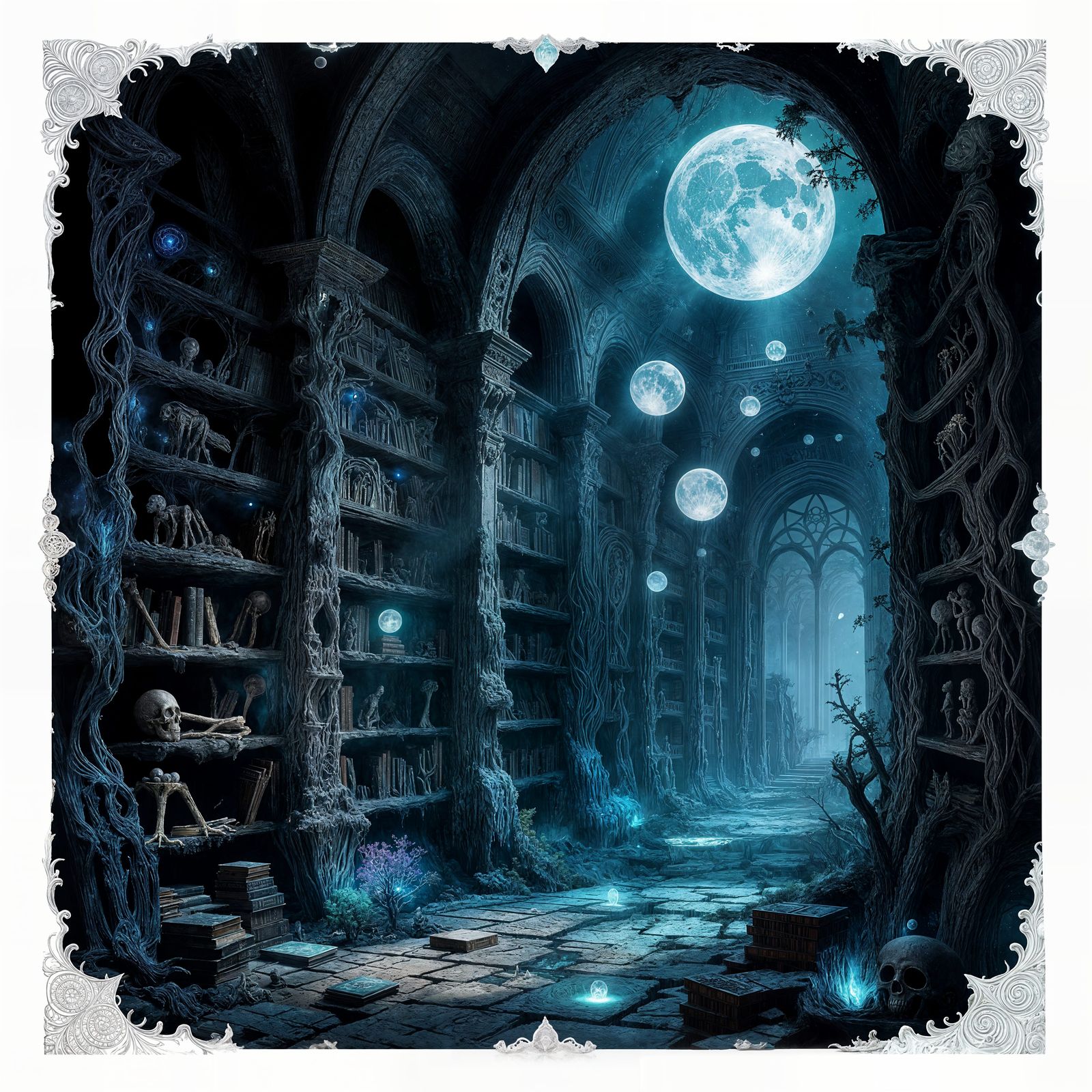 Ethereal Cosmic Library of Moonlight and Nebulae