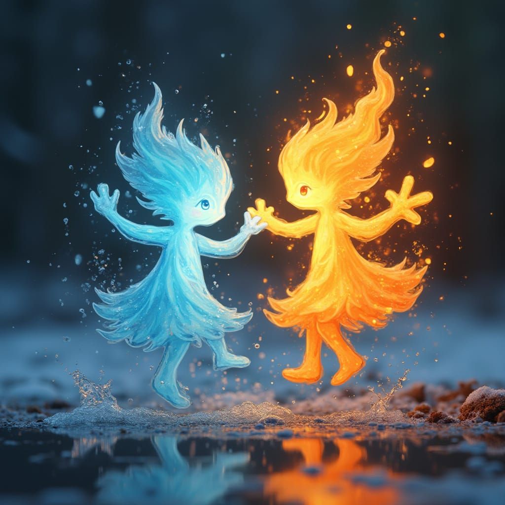 Fire and Ice Sprites Dance Around Water