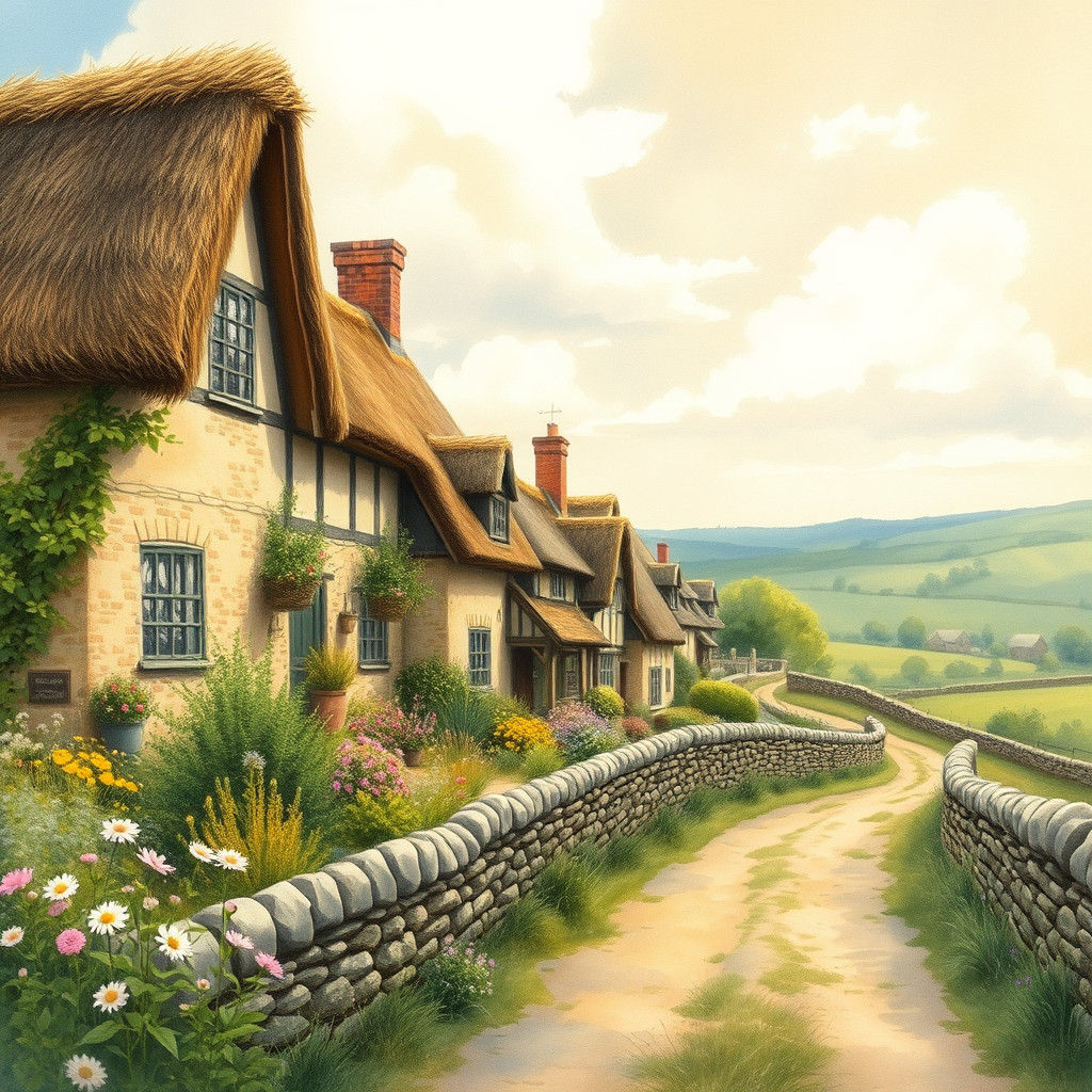 Quaint English Village Scene in Watercolor Style
