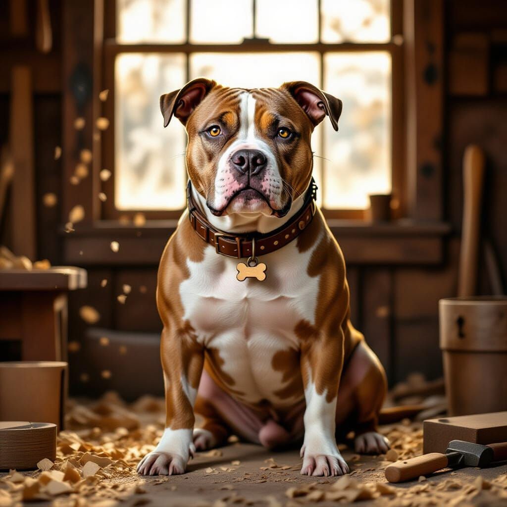 Pit Bull in Woodworking Shop, Hyperrealistic Earthy Tones