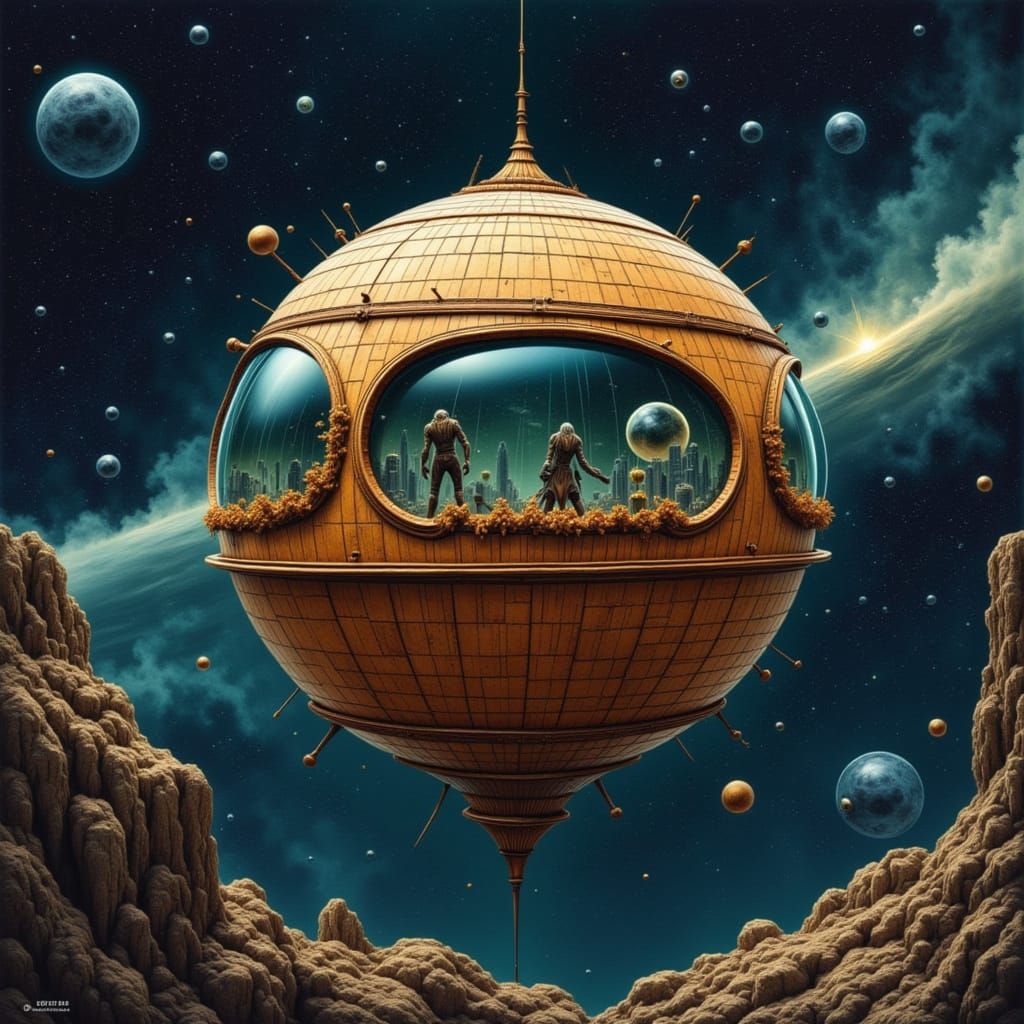 Wooden Ball Spaceship in Outer Space