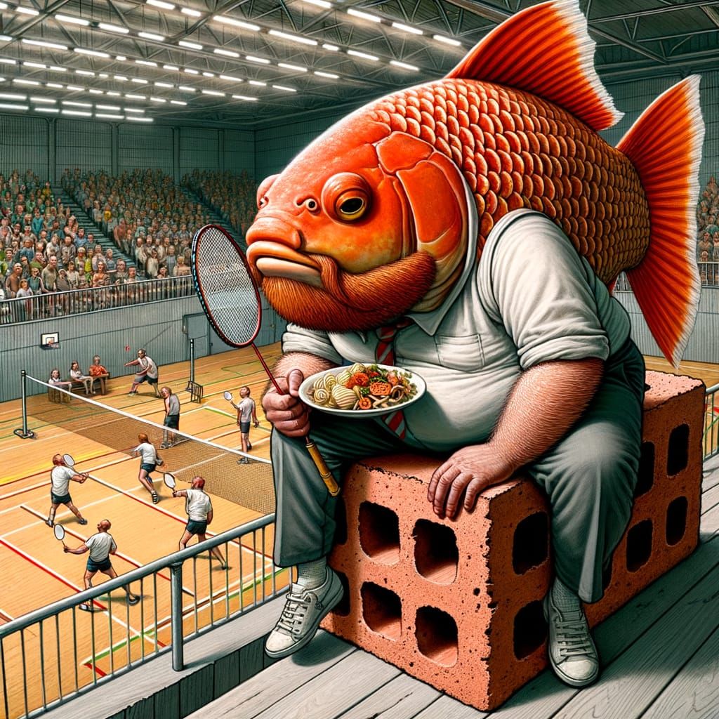 Bald Crucian Carp with Ginger Beard Plays Badminton