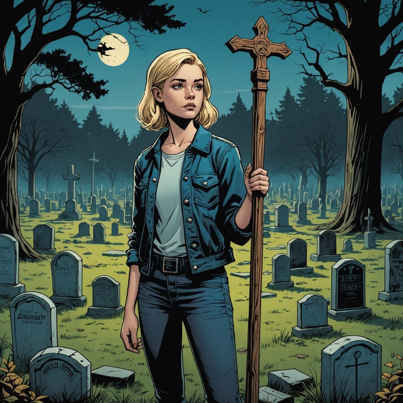 Teenager with Stake in Cemetery, Comic Book Art