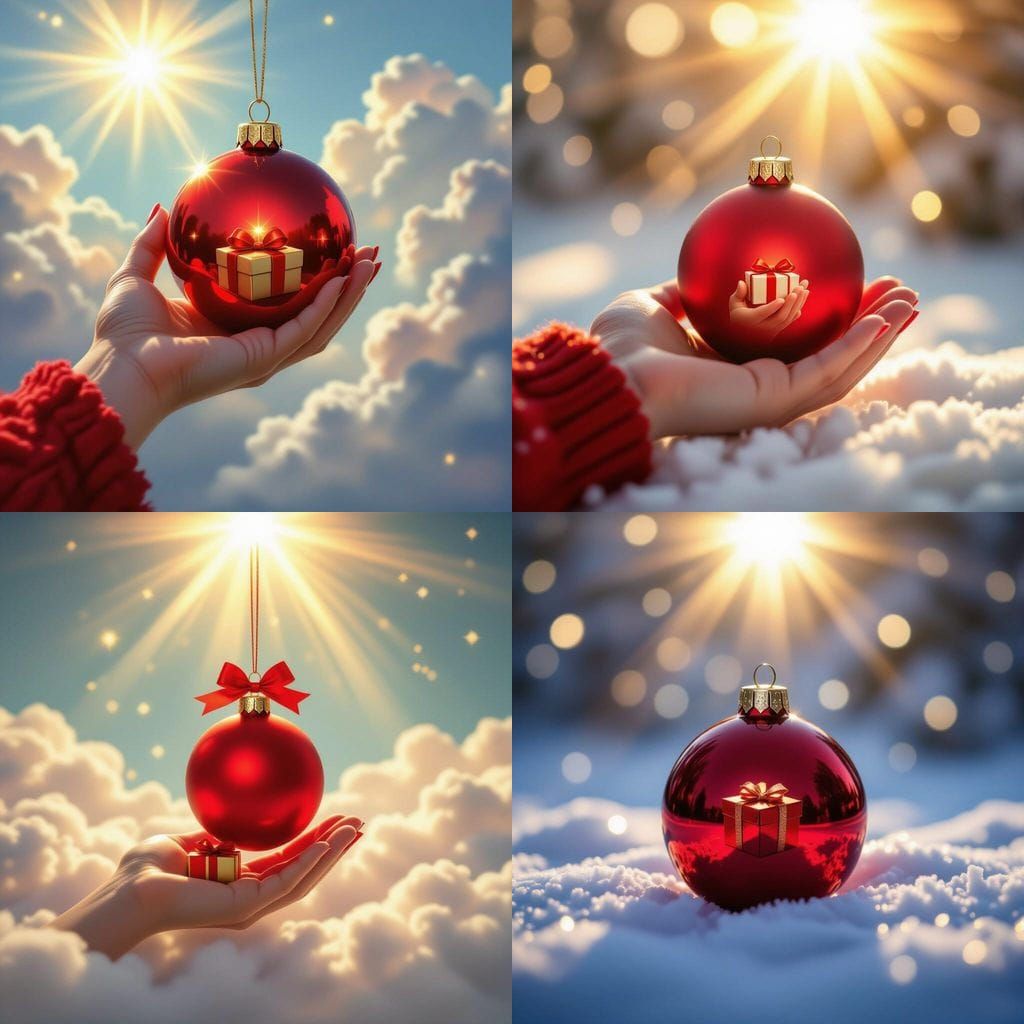 Christmas Ornament Reflects Hand Holding Gift, Soft Focus Su...