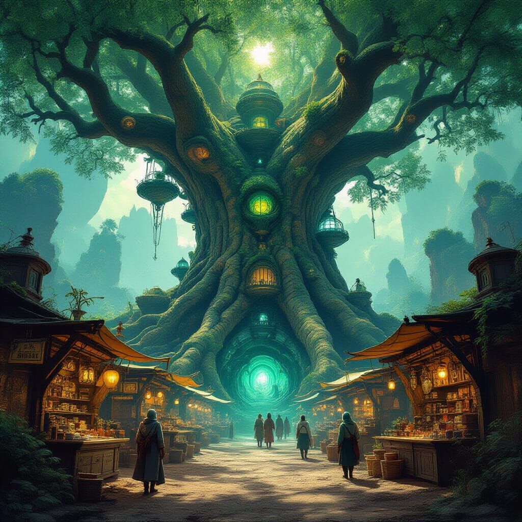 Bustling Alien Marketplace in Ancient Tree, Surreal Style