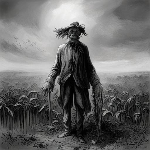 Terrifying Scarecrow in Cornfield, Gothic Horror Style
